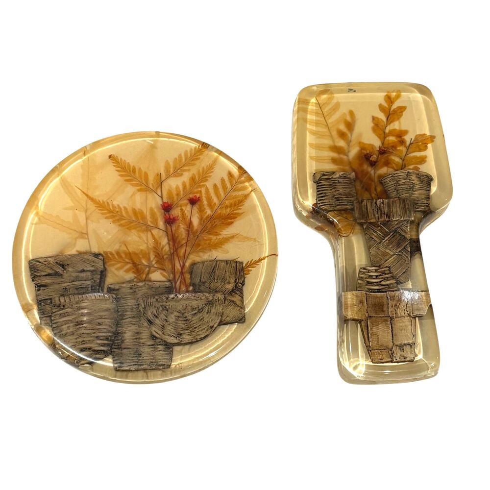 Vintage Lucite kitchen decor dried pressed flowers 1970’s trivet & spoon rest
